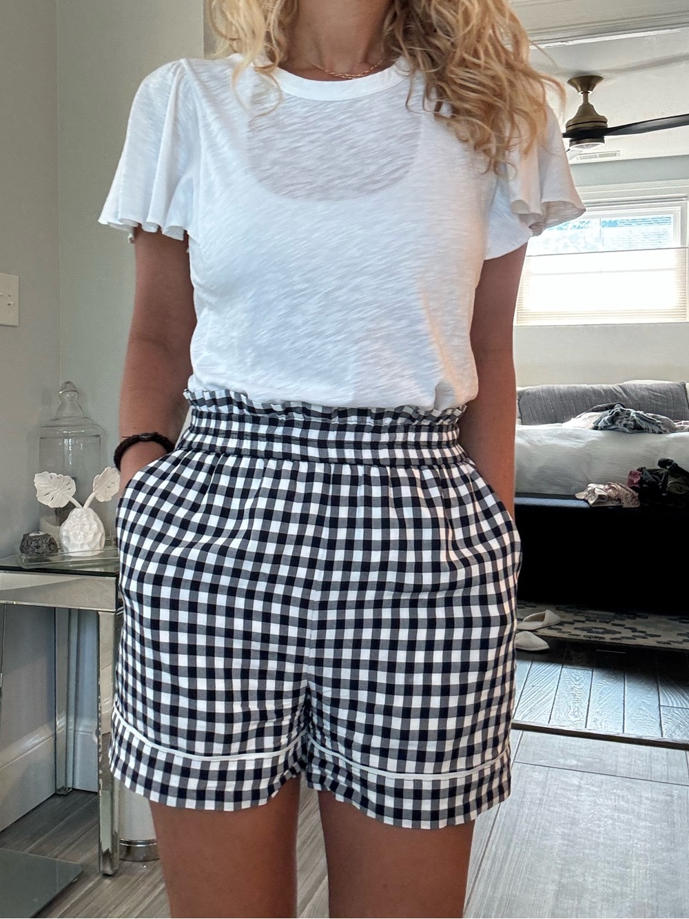 J.Crew Navy White Gingham High Rise Paperbag Shorts Size Small